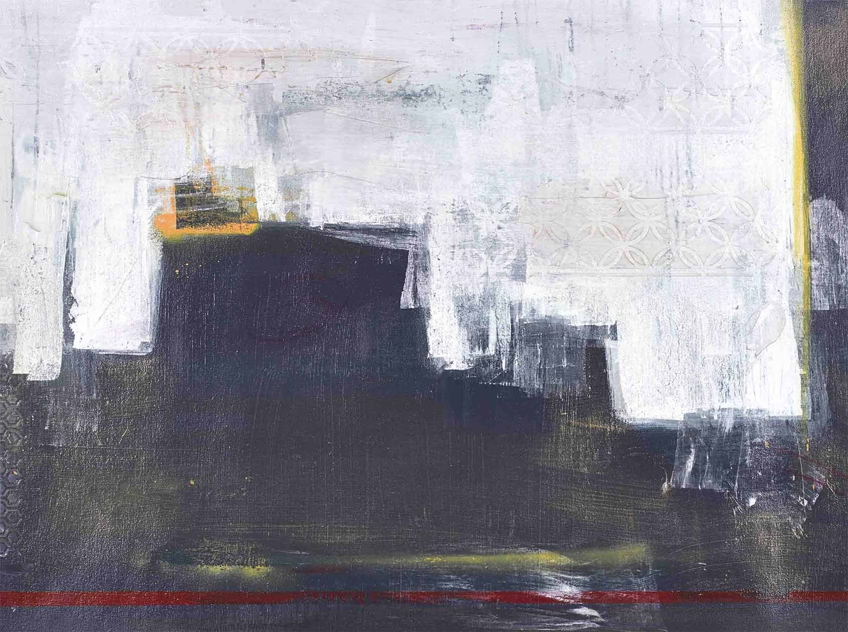 Atmospheric abstract with pale teal and white fading into charcoal, accented by a bold red line and hints of gold pattern