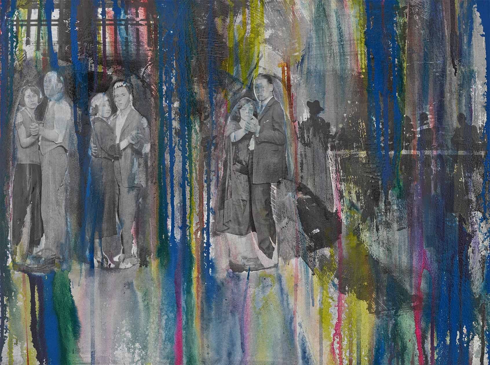 Urban abstract painting in moody blues with expressive brushstrokes, capturing a stormy city’s motion and rhythm.