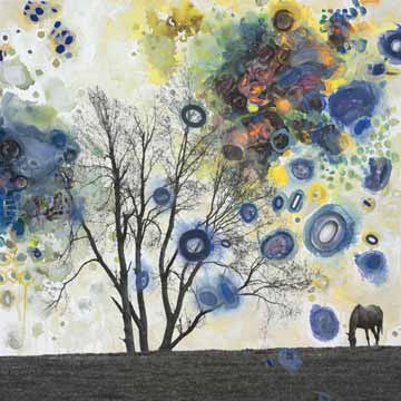 Behind the Horse Farm artwork with colorful trees, foliage, and abstract bubbles