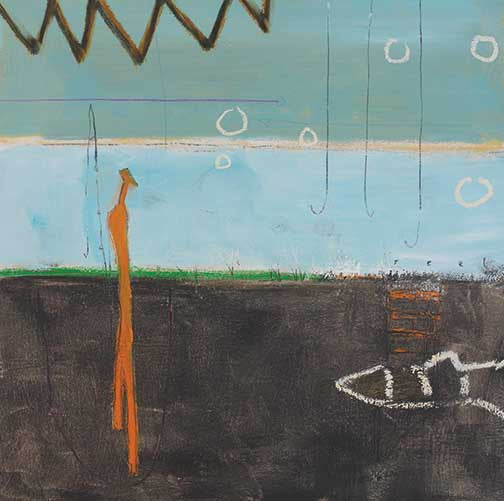 Abstract painting with geometric shapes, predominantly featuring blues and greens with touches of orange and white.