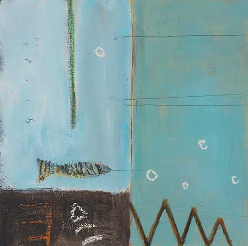 Striped fish floating in a surreal abstract sea with soft blue fields, zigzag lines, bubbles, and subtle symbolic marks.