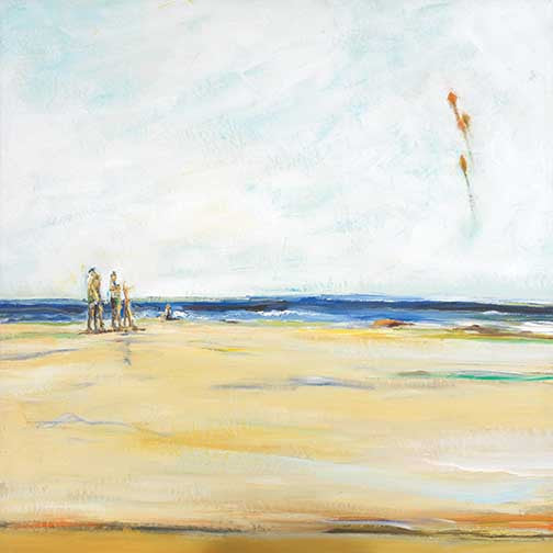 A canvas print depicting a beach scene with two people walking and a kite flying in the sky.
