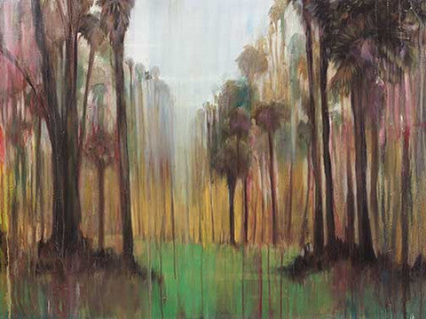 Surreal landscape painting featuring soft greens, golds, and mauves in a dreamy forest atmosphere.