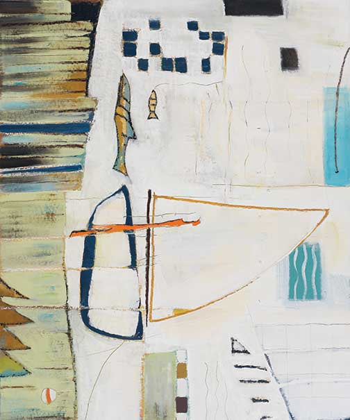 Coastal abstract artwork with loose lines, patchwork textures, sailboat, fish, and simple nautical symbols creating a calm, playful scene.