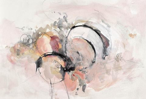 Confectionery I abstract painting with peachy pinks, caramel tones, black spirals, and scribbled lines, evoking playful sweetness and spontaneity.