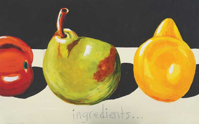 Trio of glossy fruits—red tomato, green pear, yellow lemon—lined in a crisp still life of fruit-inspired art.