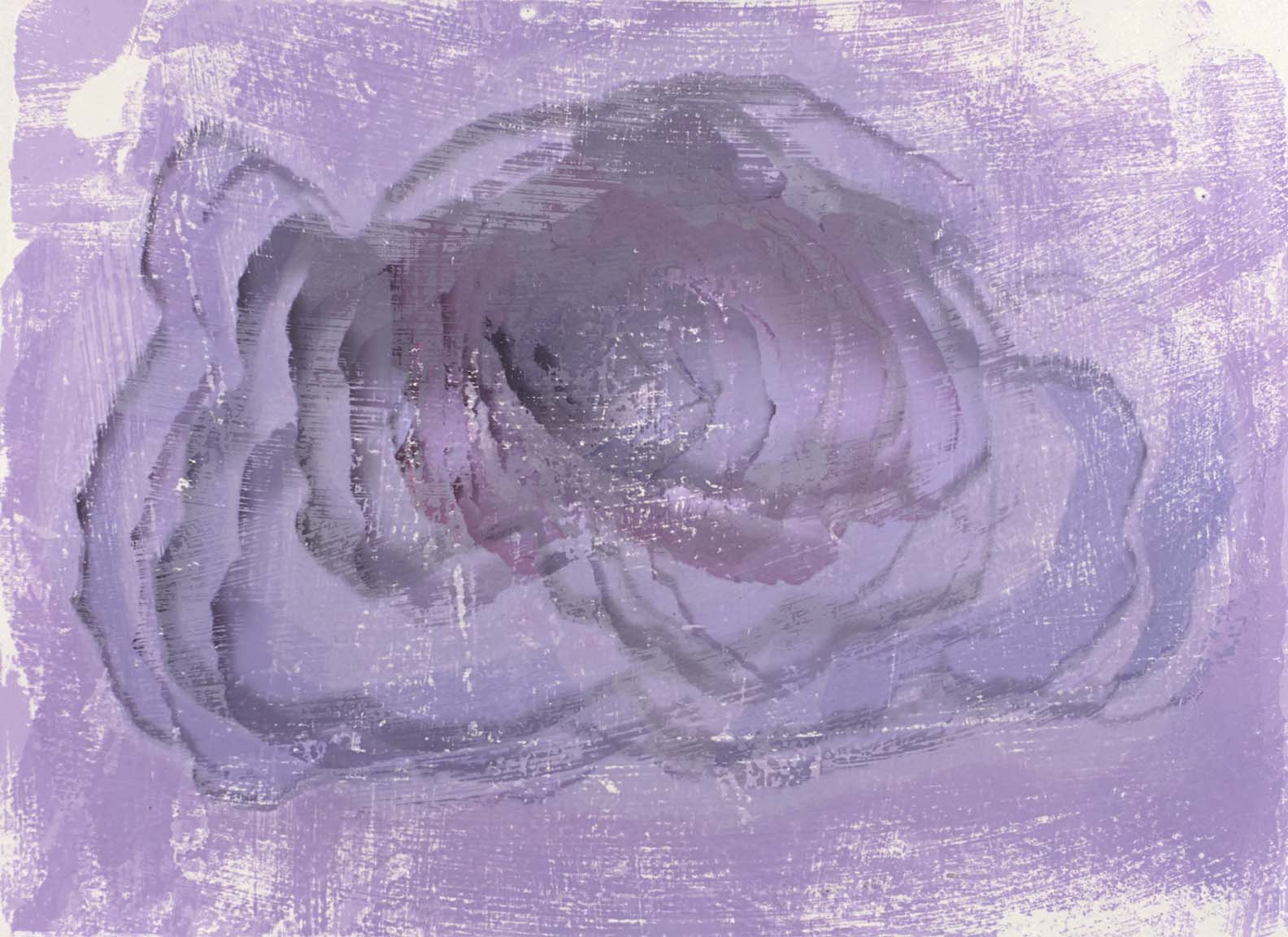 Abstract work in soft lavender tones, layered brushstrokes build a cloudlike rose form, shimmering with texture and atmosphere in color.