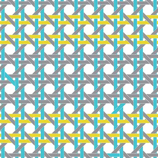 Caning I abstract artwork with bold turquoise, yellow, and grey lines forming a modern geometric weave pattern with crisp architectural rhythm