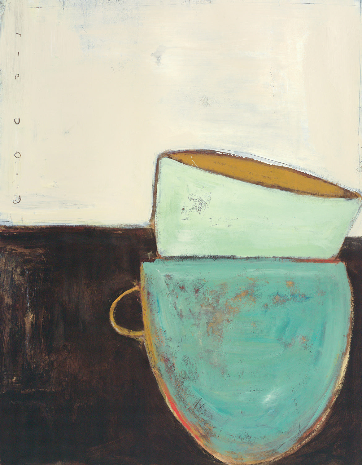 Stacked Turquoise Cups artwork showing turquoise cups in warm earth tones with soft geometry and painterly texture.