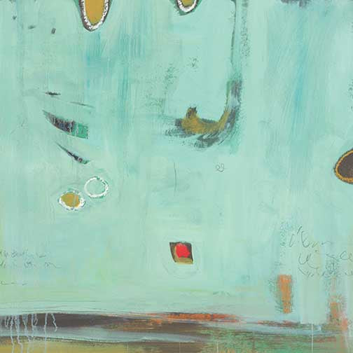 Abstract painting with teal background and various colored shapes