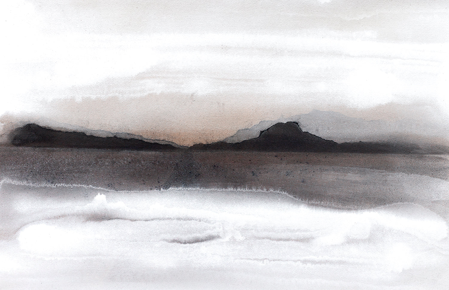 Minimalist mountain abstract art with a soft mountain silhouette beneath foggy layers in black, gray, and sepia, evoking a calm, meditative horizon.