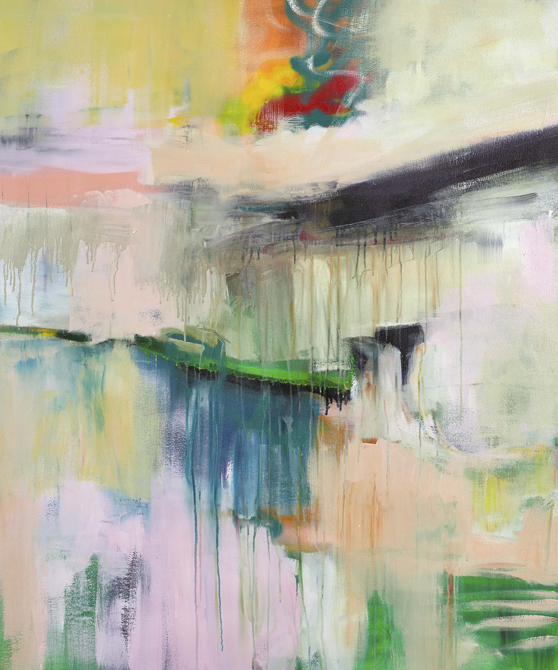 Colorful abstract art with soft drips and radiant streaks in lime, blush, teal, and sun-washed yellow, evoking playful motion and springlike growth.