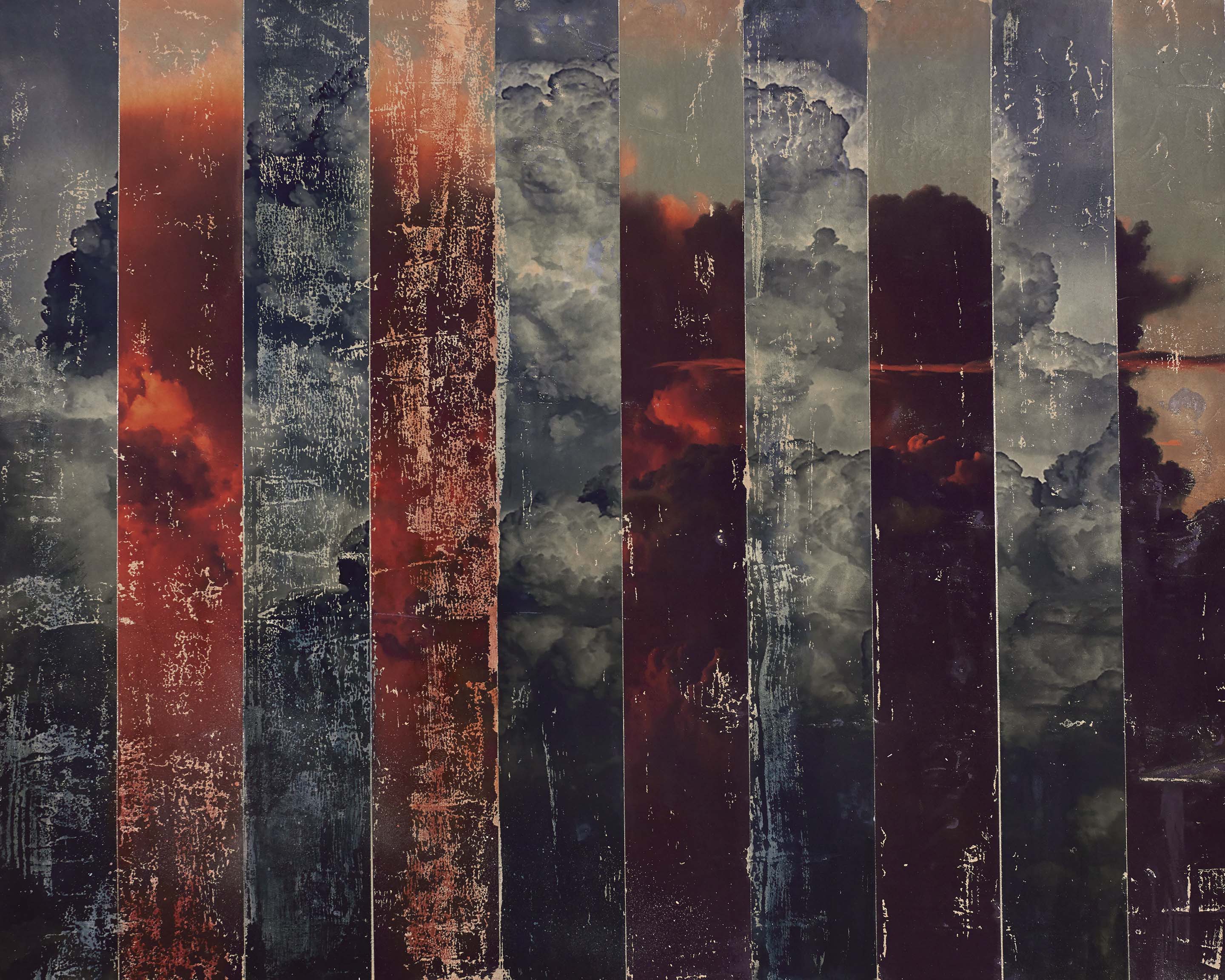 Abstract storm landscape art with stormy crimson and slate clouds fragmented into vertical bands, creating a textured, ominous atmospheric composition.