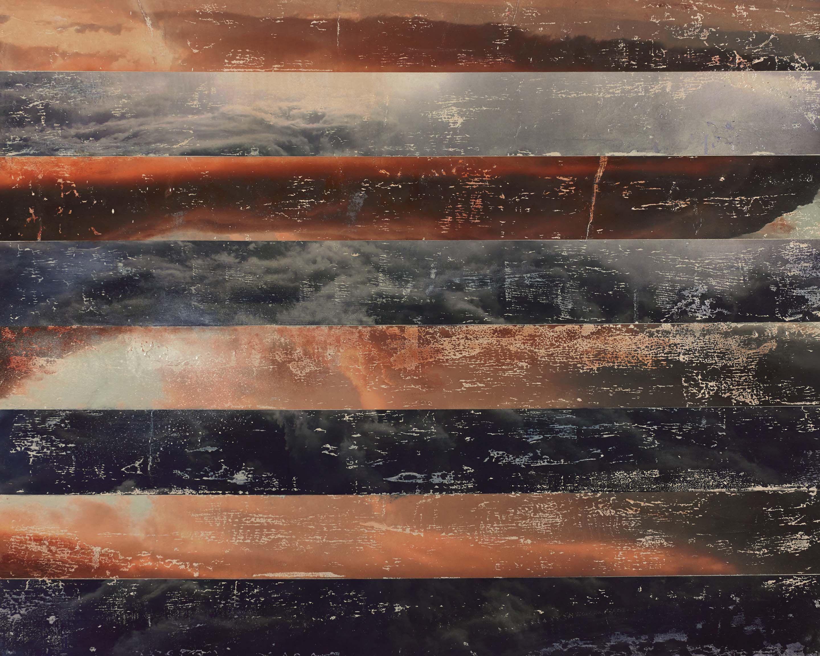 Abstract sky collage art with horizontal bands of rust, ash, and storm blue layered in a fragmented, atmospheric composition that evokes shifting skies.