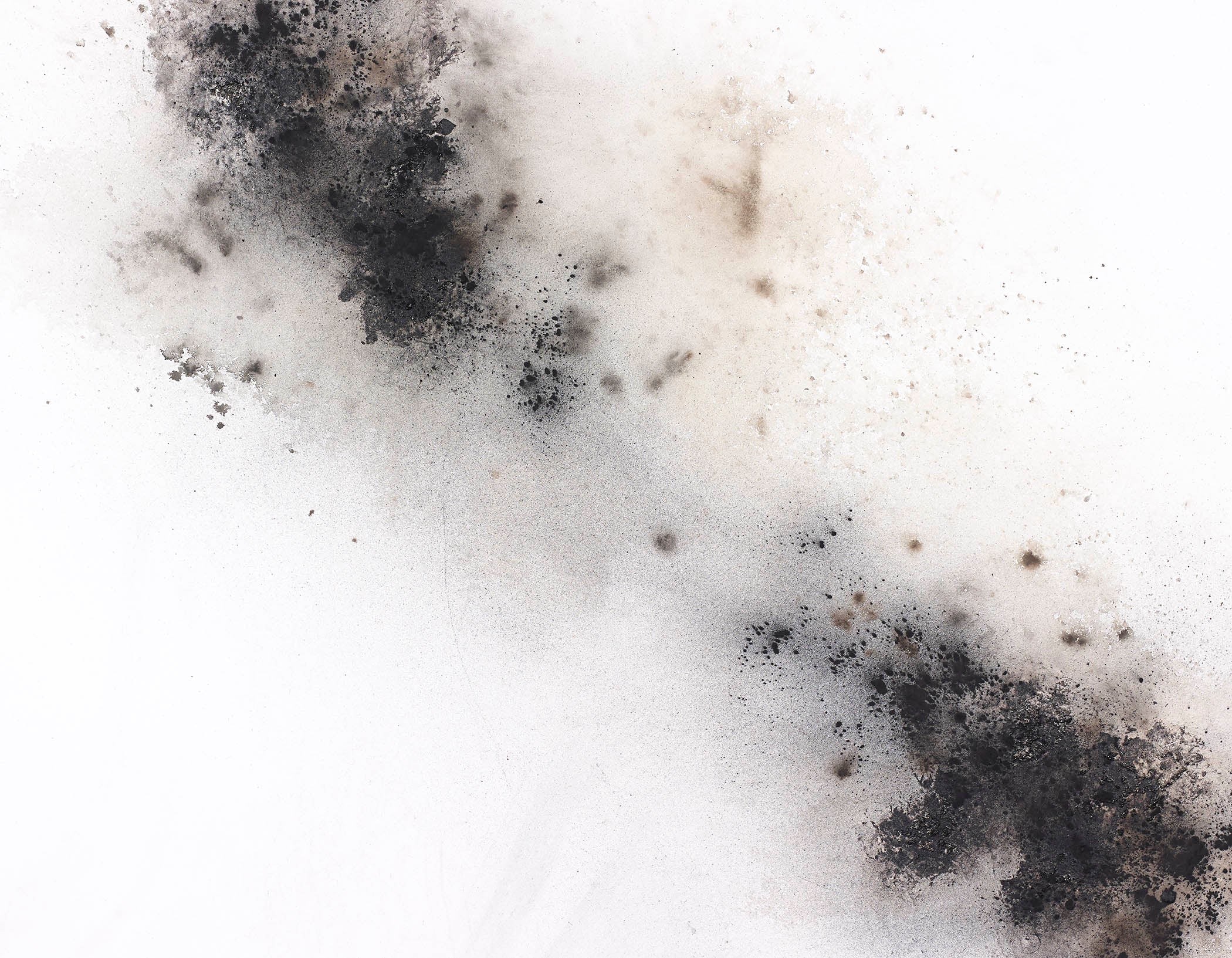 Industrial abstract artwork featuring smoky grays and soot tones sweeping diagonally across a white canvas.