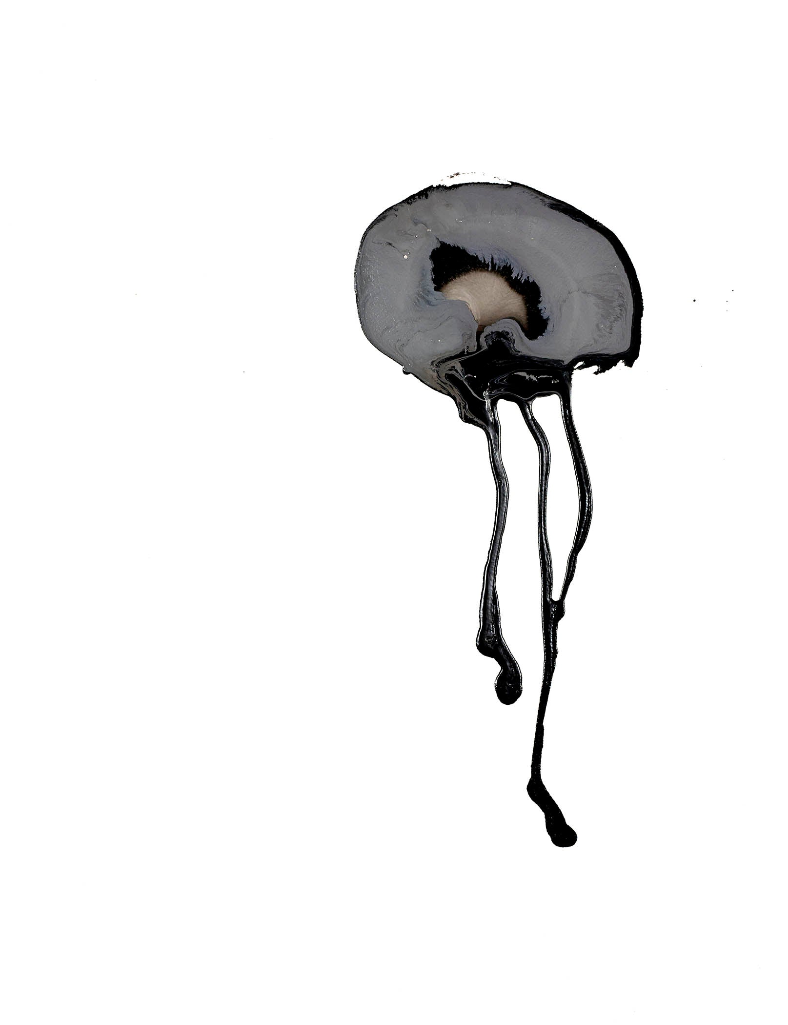 Contemporary organic abstraction with a black form on white, tendrils dripping like ink or nerve endings, evoking surreal tension.