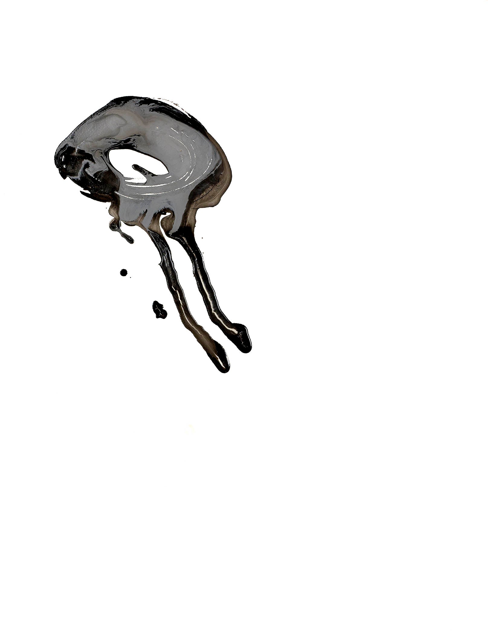 Surreal organic painting with an ink-ringed form and fluid tendrils suspended in white space, evoking delicacy and otherworldliness.