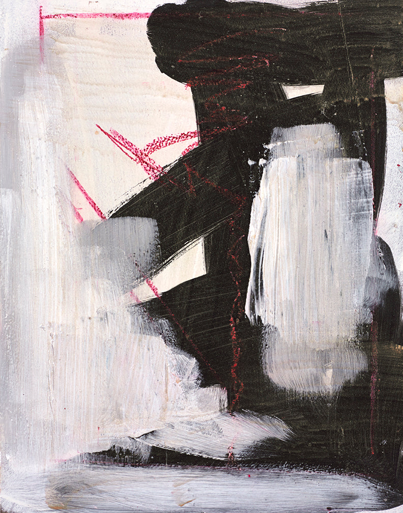 Gestural abstract painting with bold black strokes, raw white texture, and crimson lines, evoking movement and intensity.