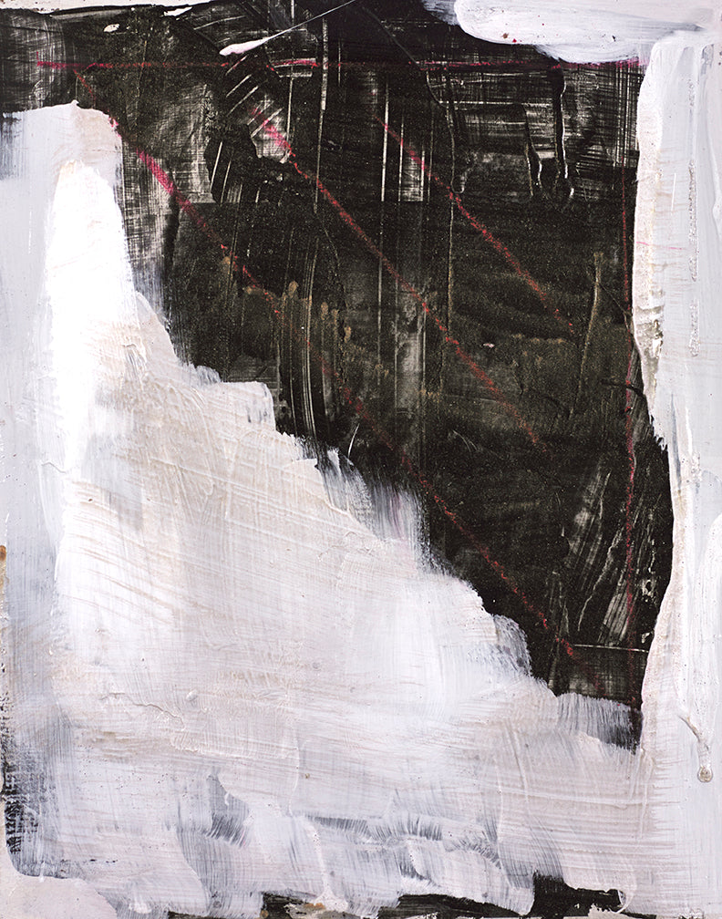 Layered contemporary art with black slash across white texture and faint red lines, evoking tension and raw emotion.