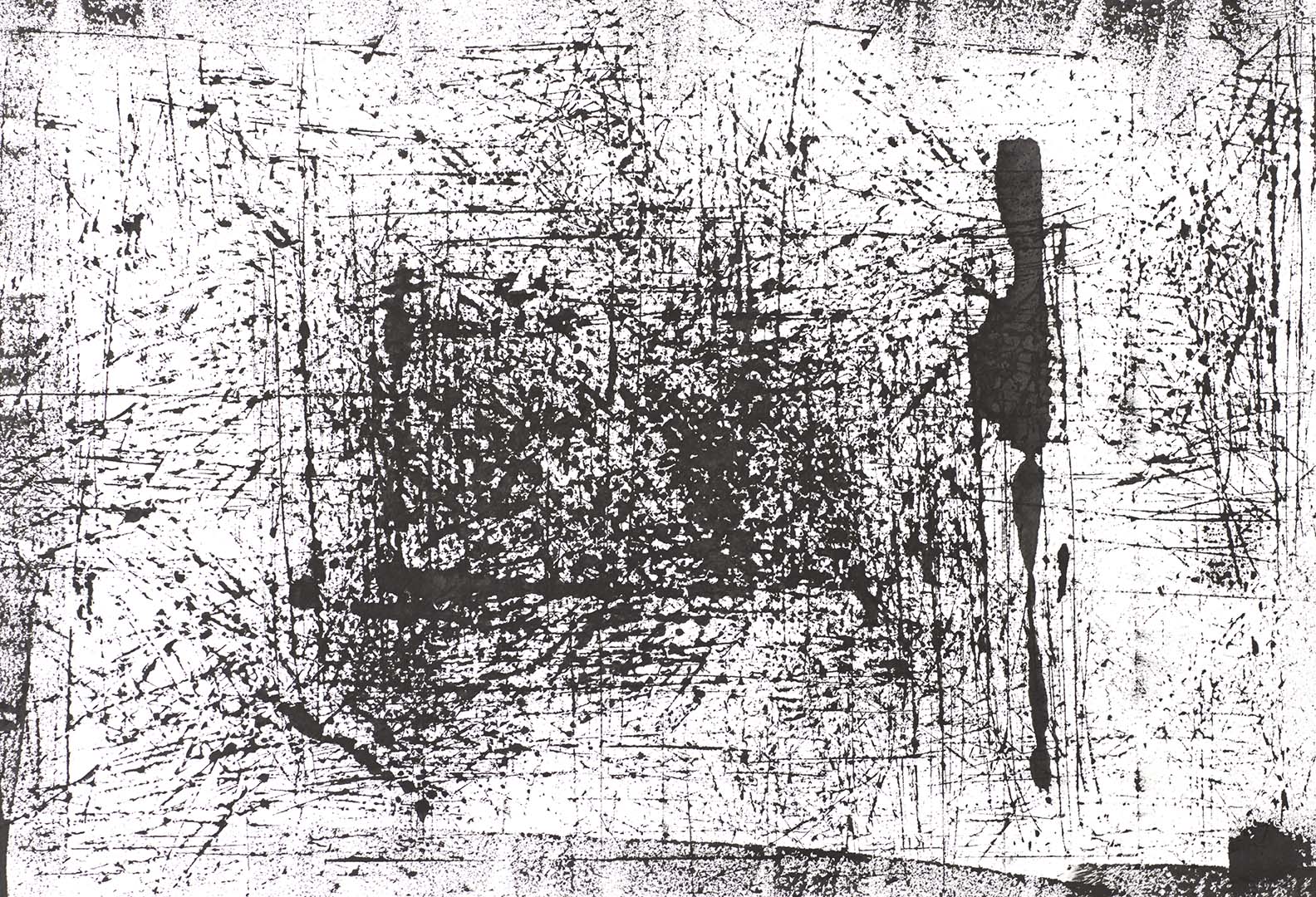 Black and white abstract print with erupting ink core and scattered splatters, evoking raw, industrial energy and motion.