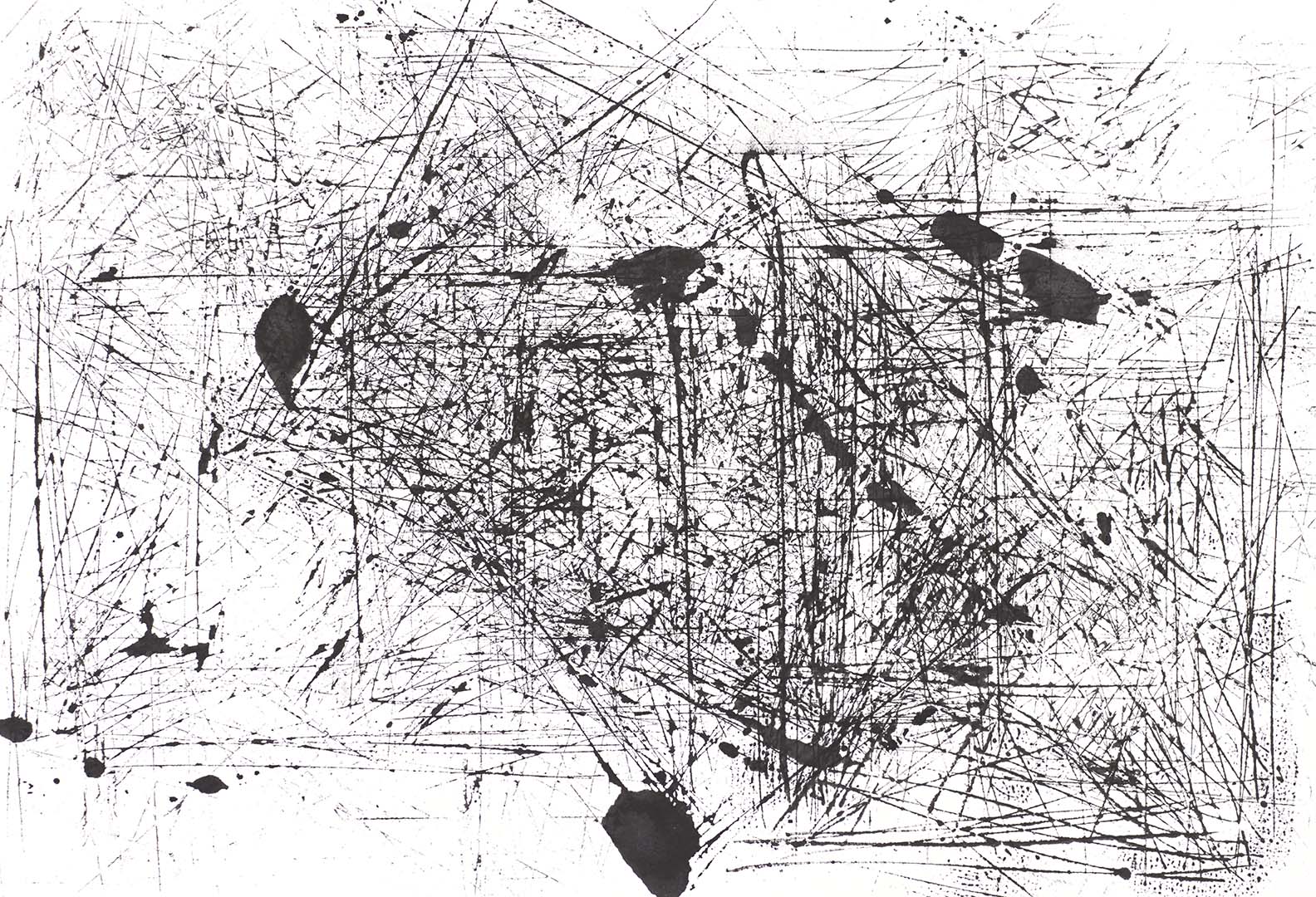 High-energy abstract print with tangled ink marks and splattered drops in black and white, evoking motion and visual rhythm.