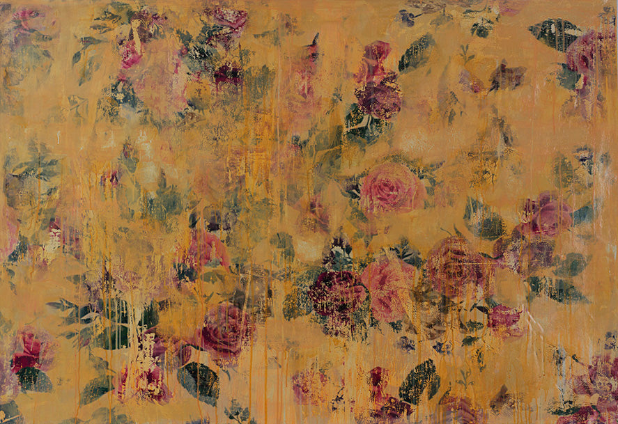Textured floral abstraction with faded roses and leafy silhouettes melting into a warm ochre haze, evoking aged wallpaper and nostalgia.