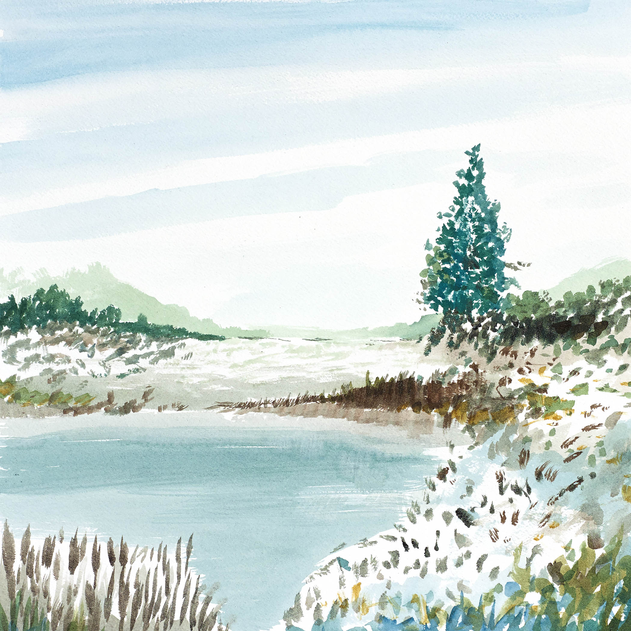 Winter river watercolor landscape with a snow-dusted meadow, gentle hills, and a single evergreen tree.