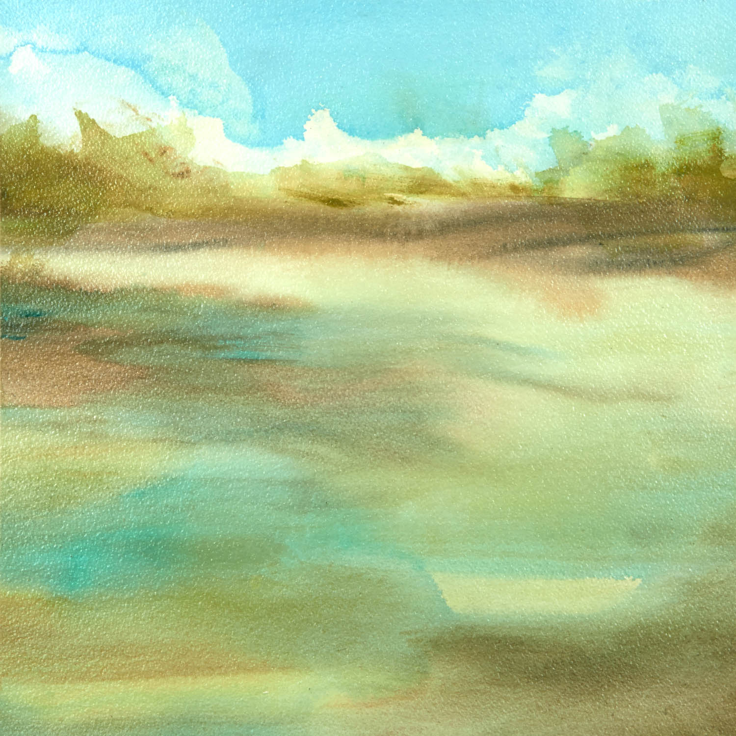 Tranquil abstract landscape in turquoise, gold, and sage tones with a soft horizon and airy light.