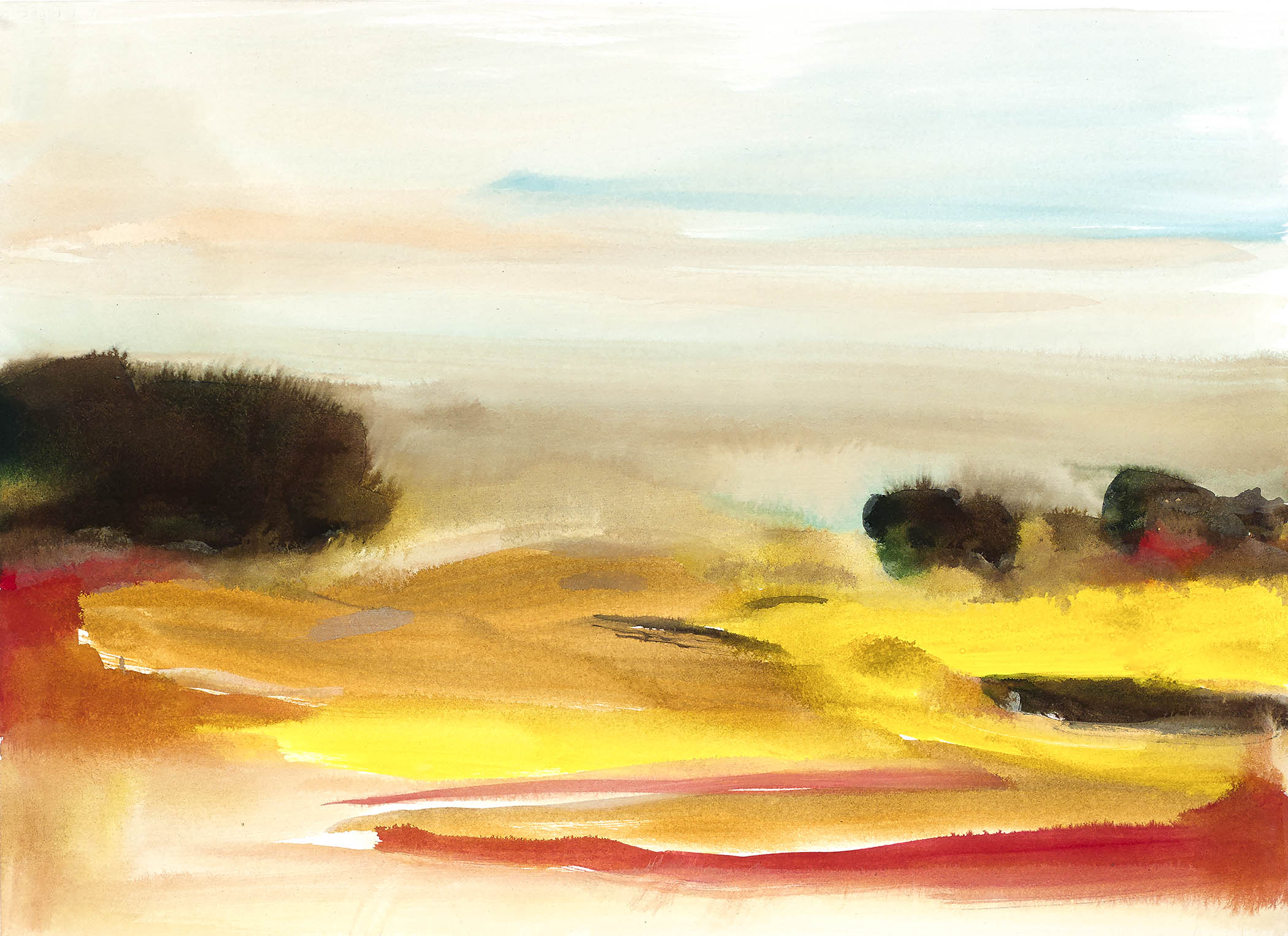 Golden fields abstract landscape with pale sky, soft haze, and touches of crimson and moss, radiating warmth and motion.
