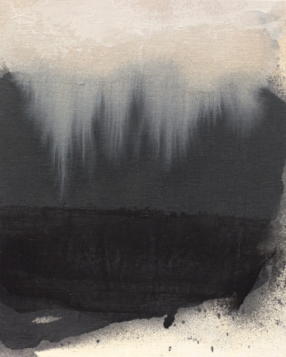 Spectral abstract terrain with ink-black ground and ghostly gray tendrils, evoking smoke, rain, shadow, and haunting atmosphere.