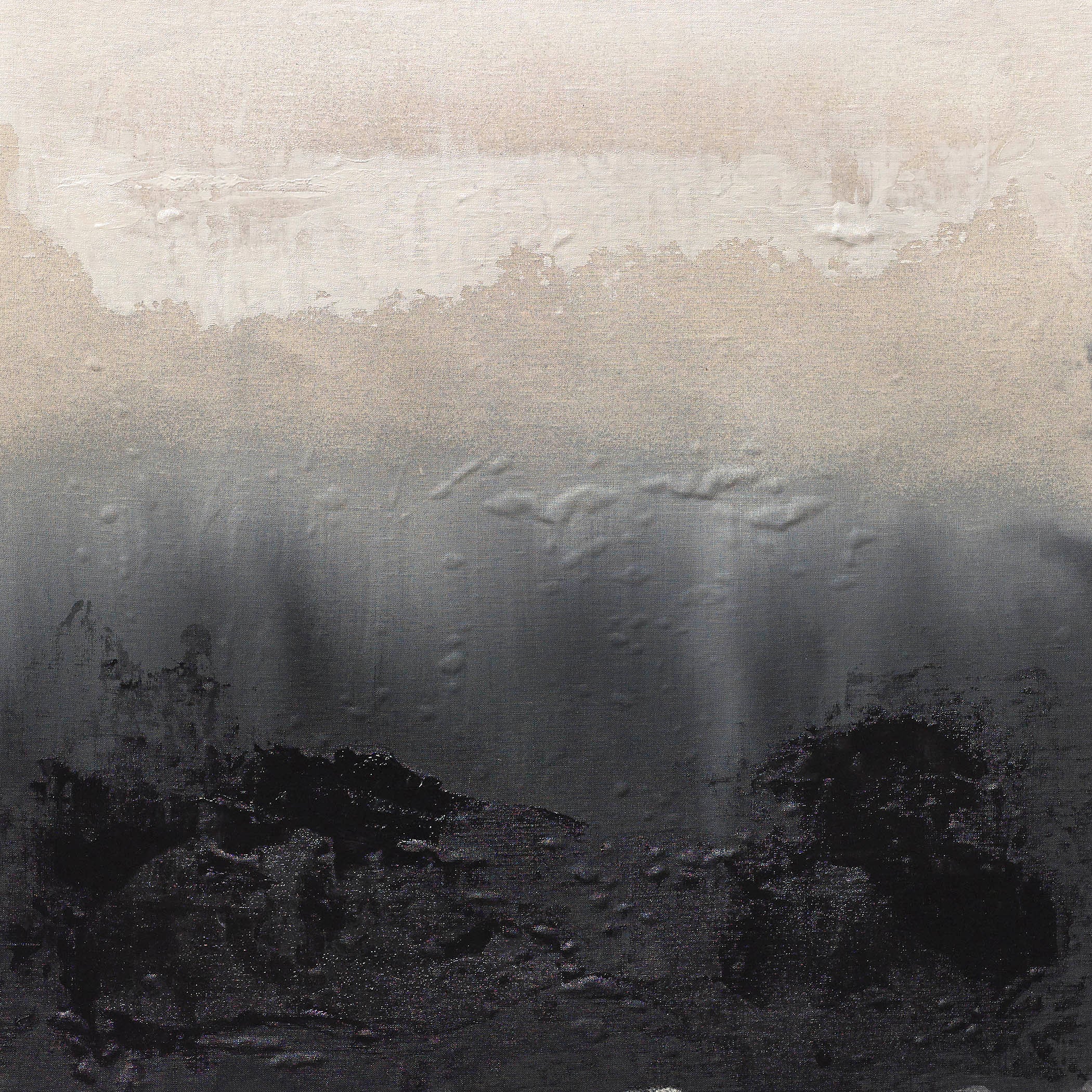 Monochrome abstract painting with charcoal forms dissolving into ivory and gray mist, evoking texture, silence, and shadow.