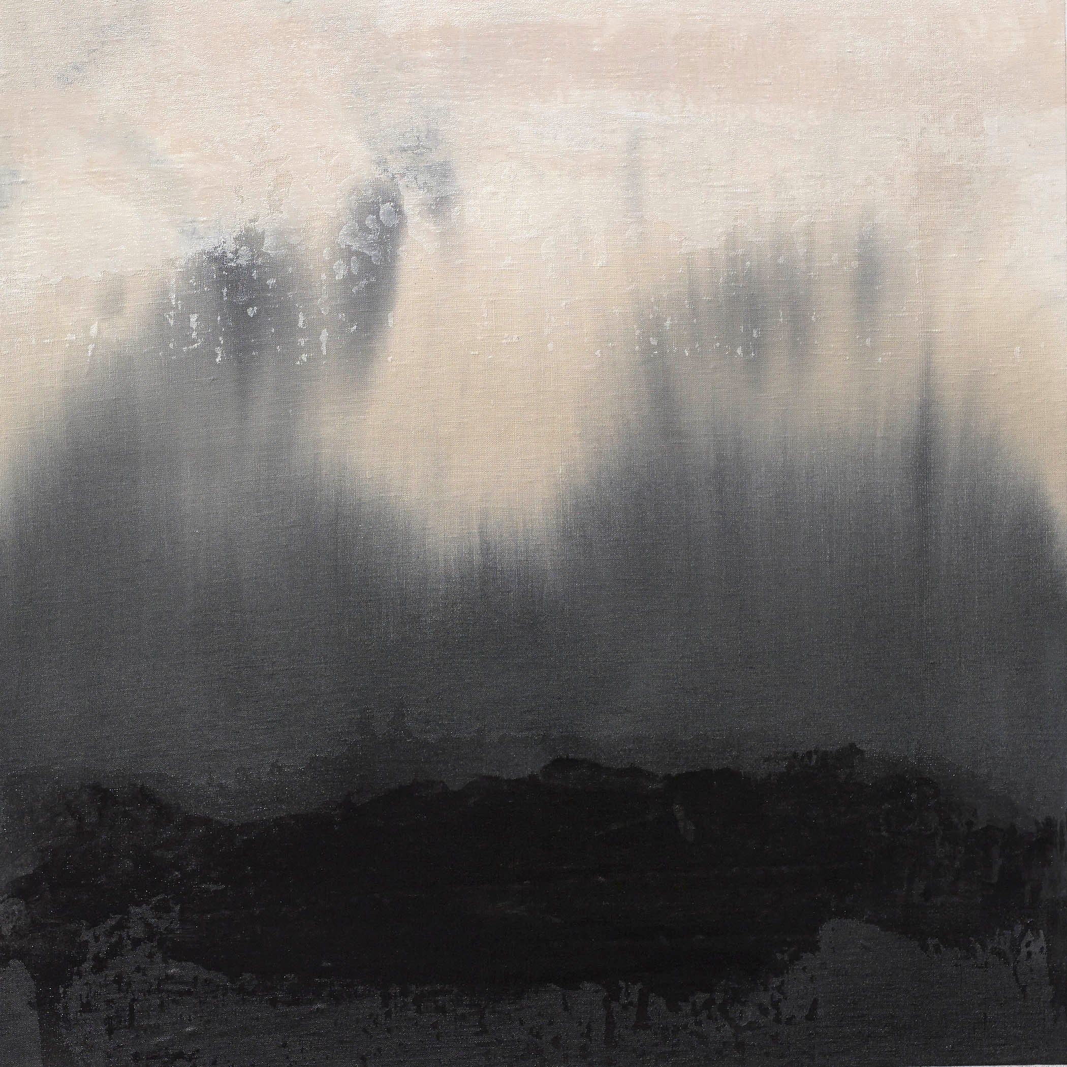 Smoke-inspired abstract painting with black fading into cream and mist, evoking minimalism, meditative stillness, and haunting depth.