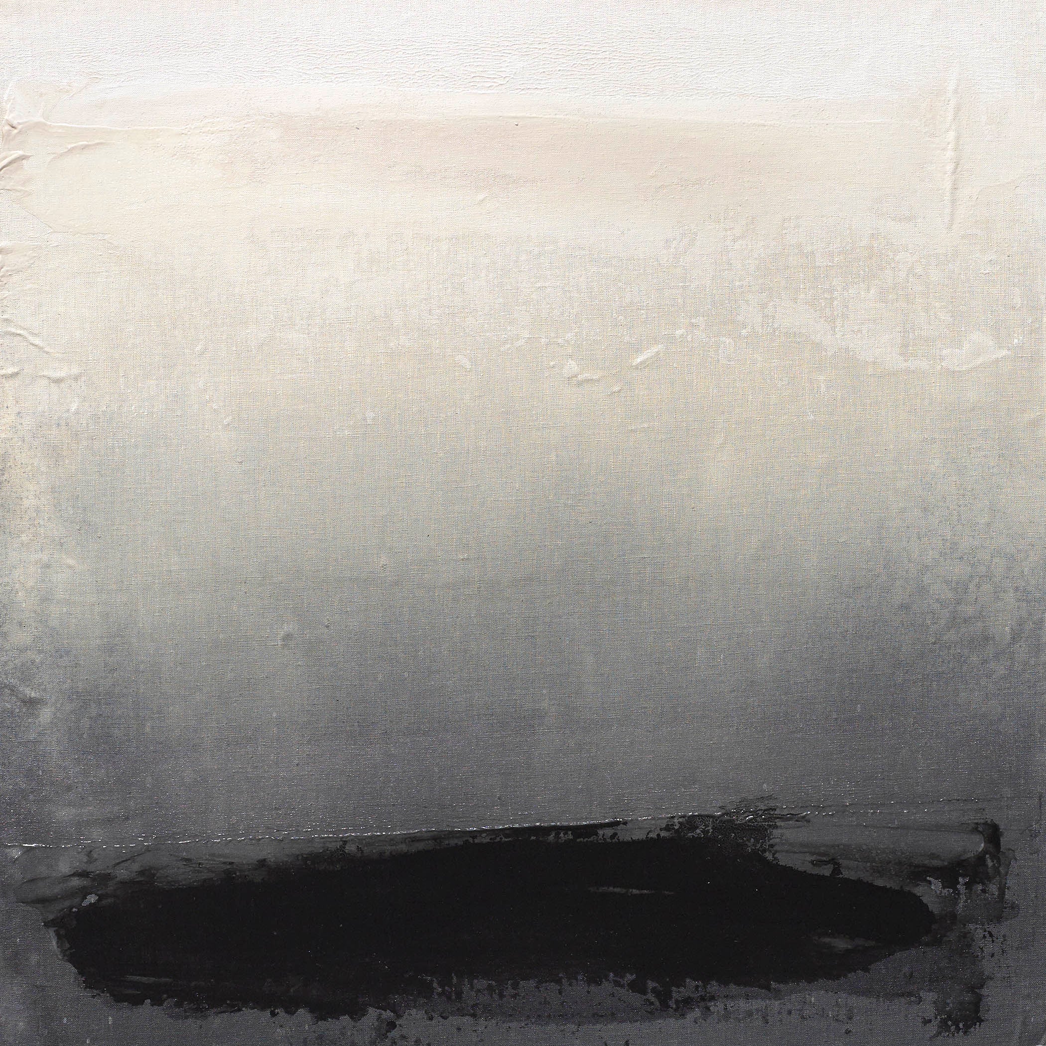 Restrained abstract canvas with a solitary black form on gradient gray, evoking silence, atmosphere, and quiet restraint.
