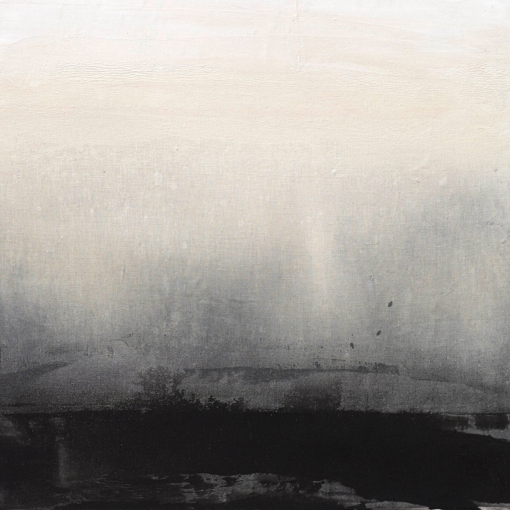 Fog-inspired abstraction with ash and ivory haze above a dark earthy base, evoking silence, shadow, and meditative atmosphere.