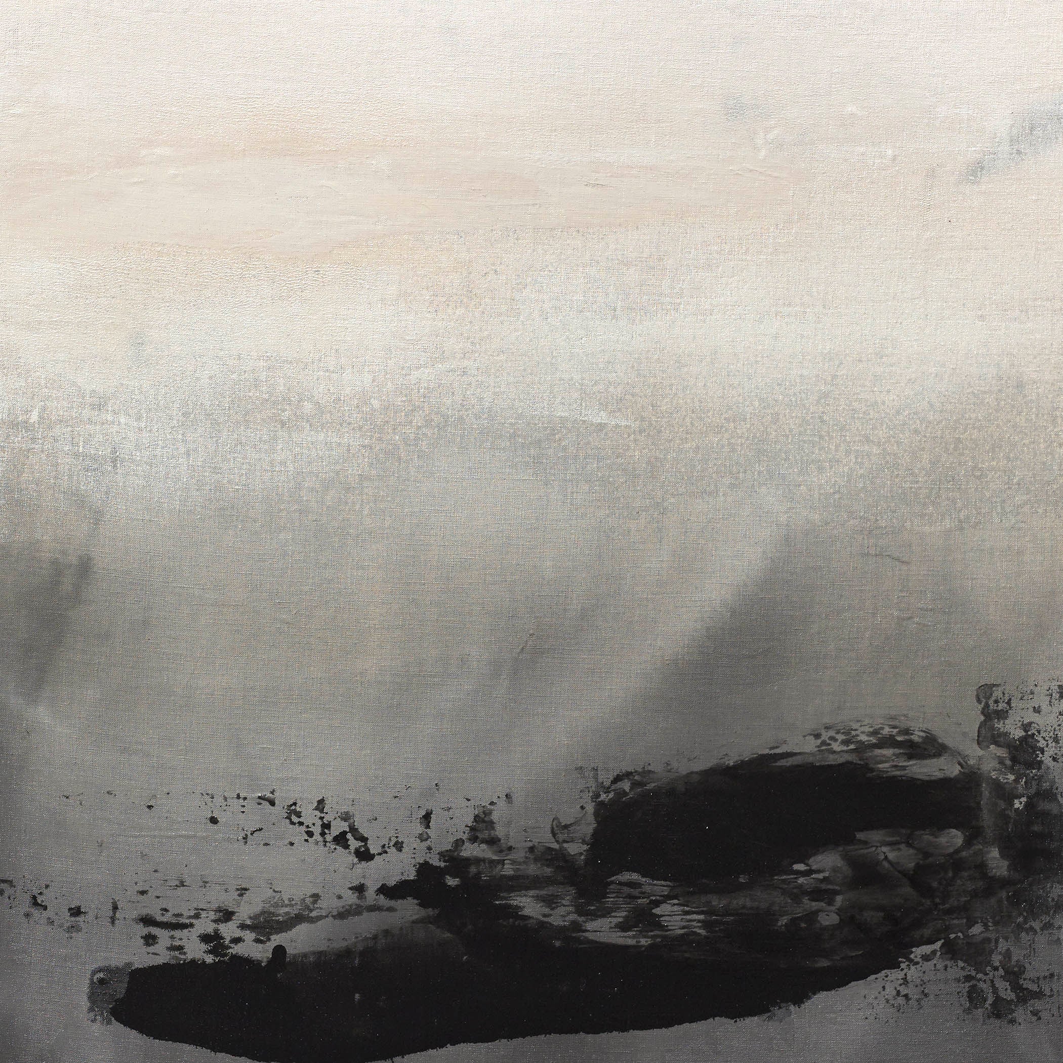 Quiet abstract canvas with smoky black form drifting across silver-gray, evoking stillness, raw elegance, and minimal atmosphere.