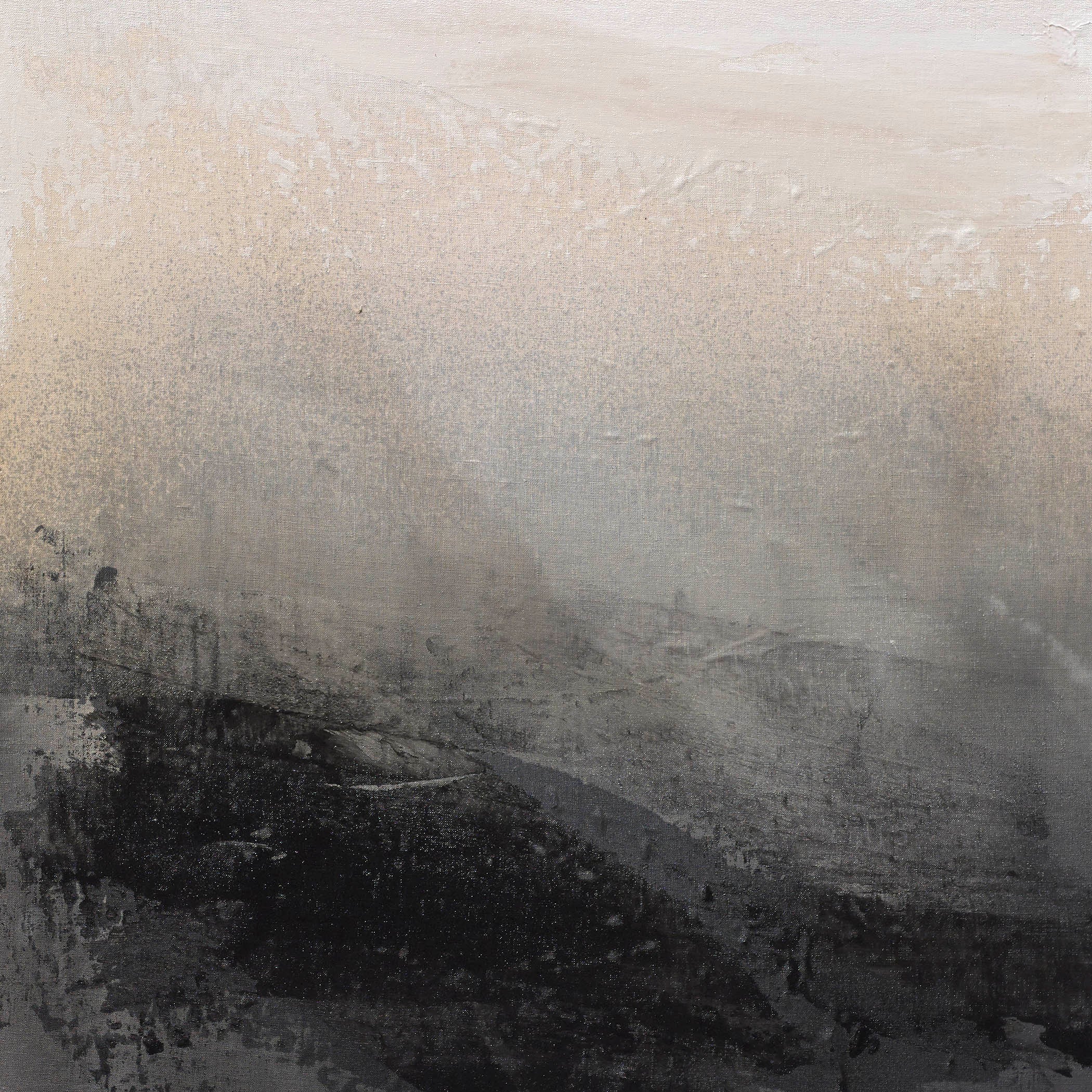 Scorched earth abstraction with dusty beige fading into charcoal and ash, evoking silence, rugged texture, and atmospheric weight.