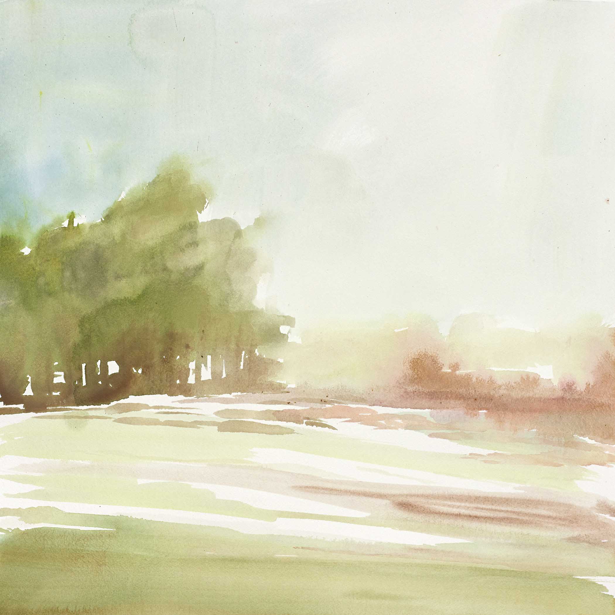 Serene watercolor landscape with soft greens and earth tones fading into morning light.