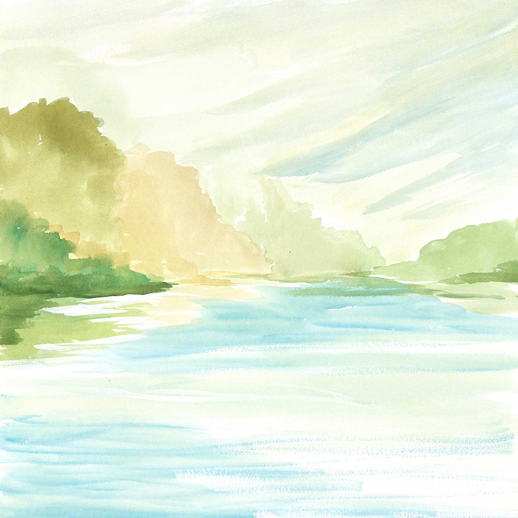 Morning watercolor landscape with soft blue water, golden trees, and pale sky glowing with morning light.