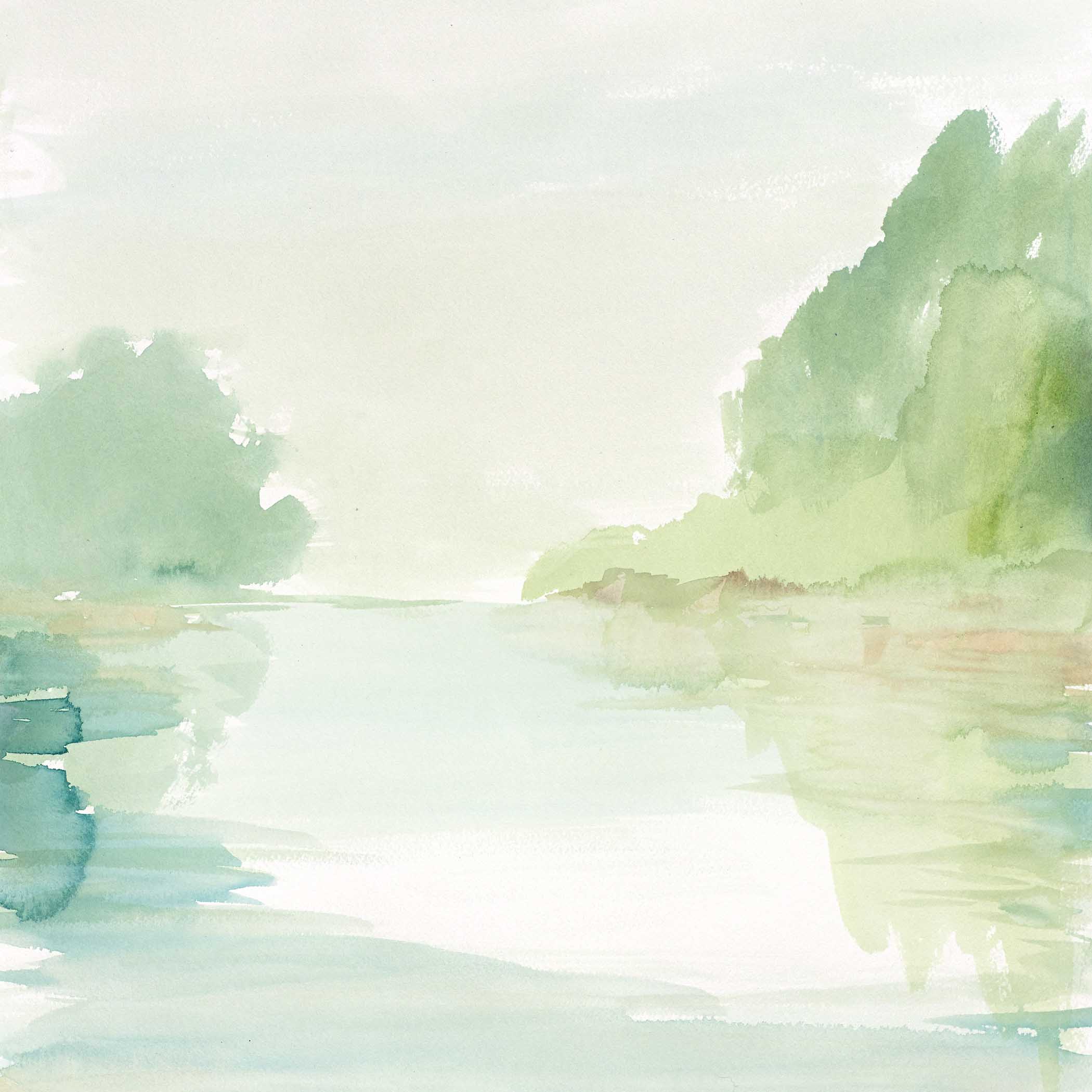 Soft watercolor landscape with pale river, faded green trees, and misty sage and blush tones.