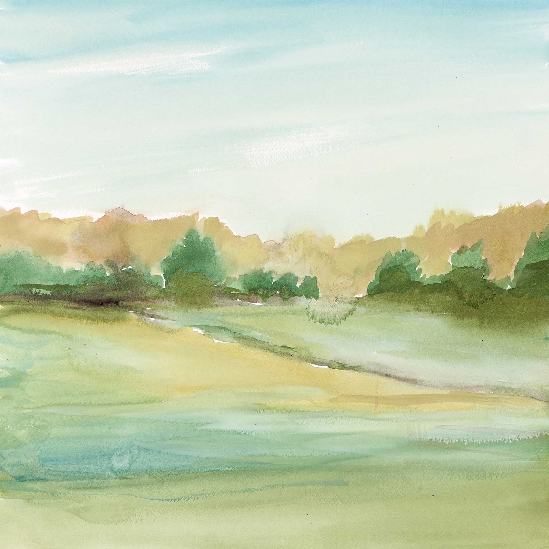 Earthy watercolor landscape with rolling hills in sienna and olive beneath a soft, breezy sky.