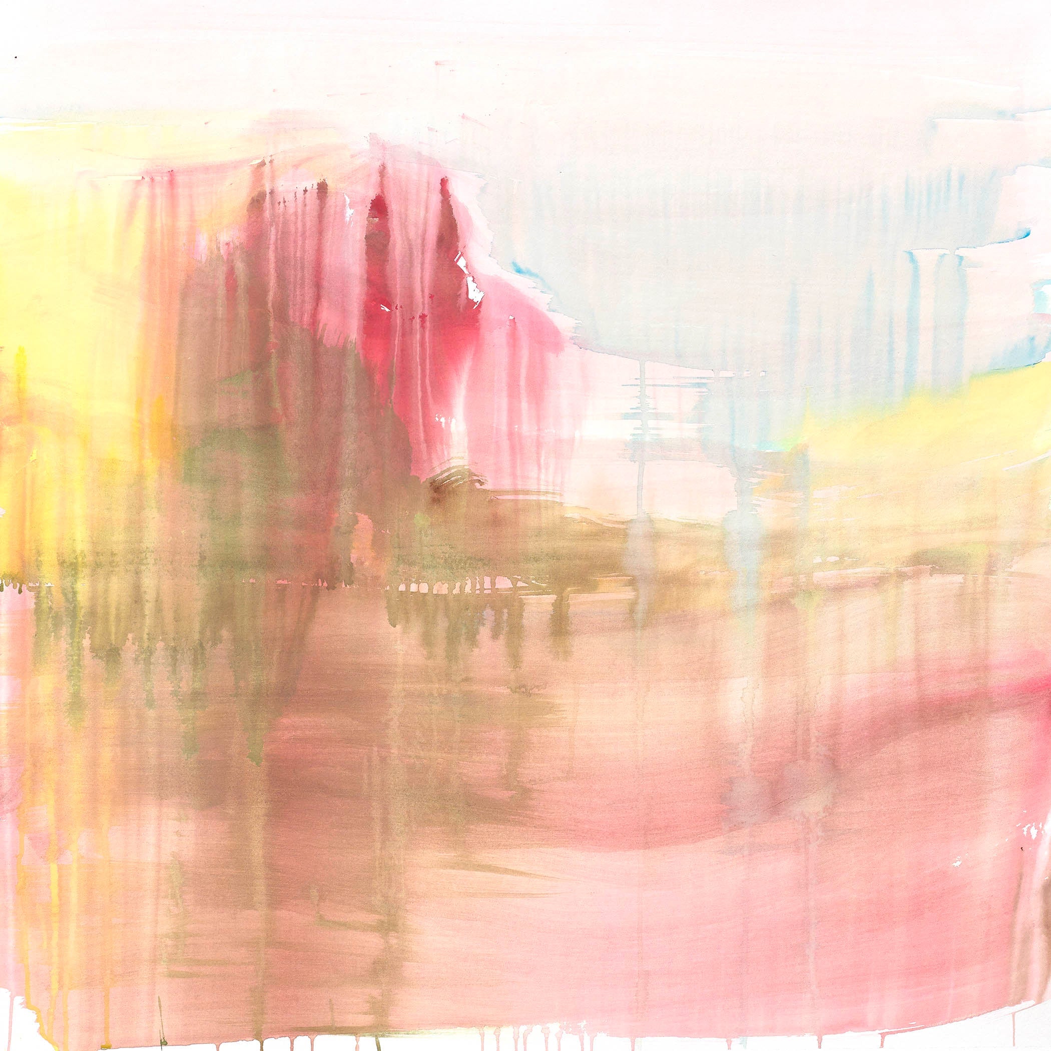 Warm abstract landscape with soft reds melting into golden haze, blurred reflections, and delicate washes for a dreamy, sunset-like atmosphere.