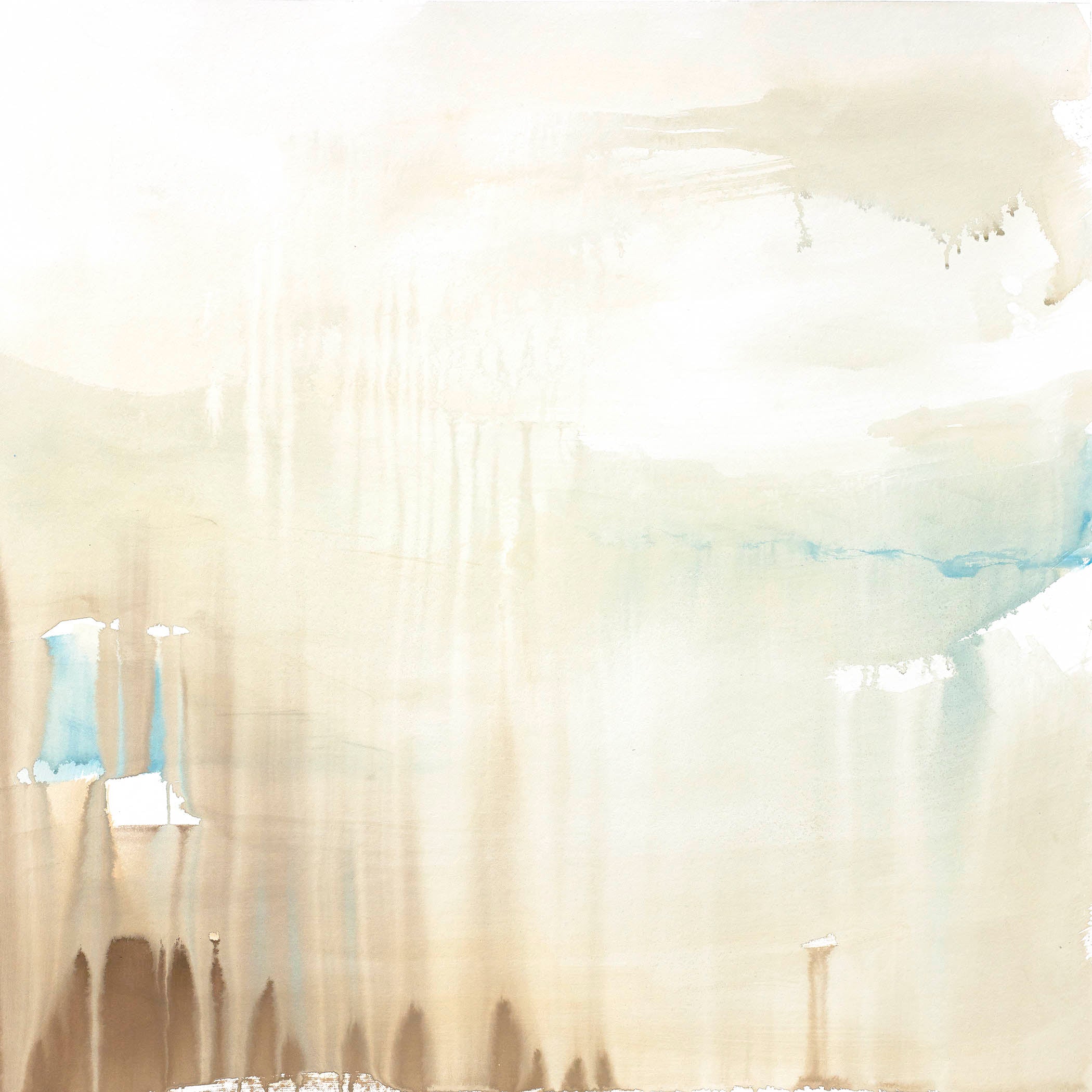 Ethereal abstract watercolor with soft cream, sand, and pale blue washes dripping downward, creating a quiet, atmospheric and minimalist composition.