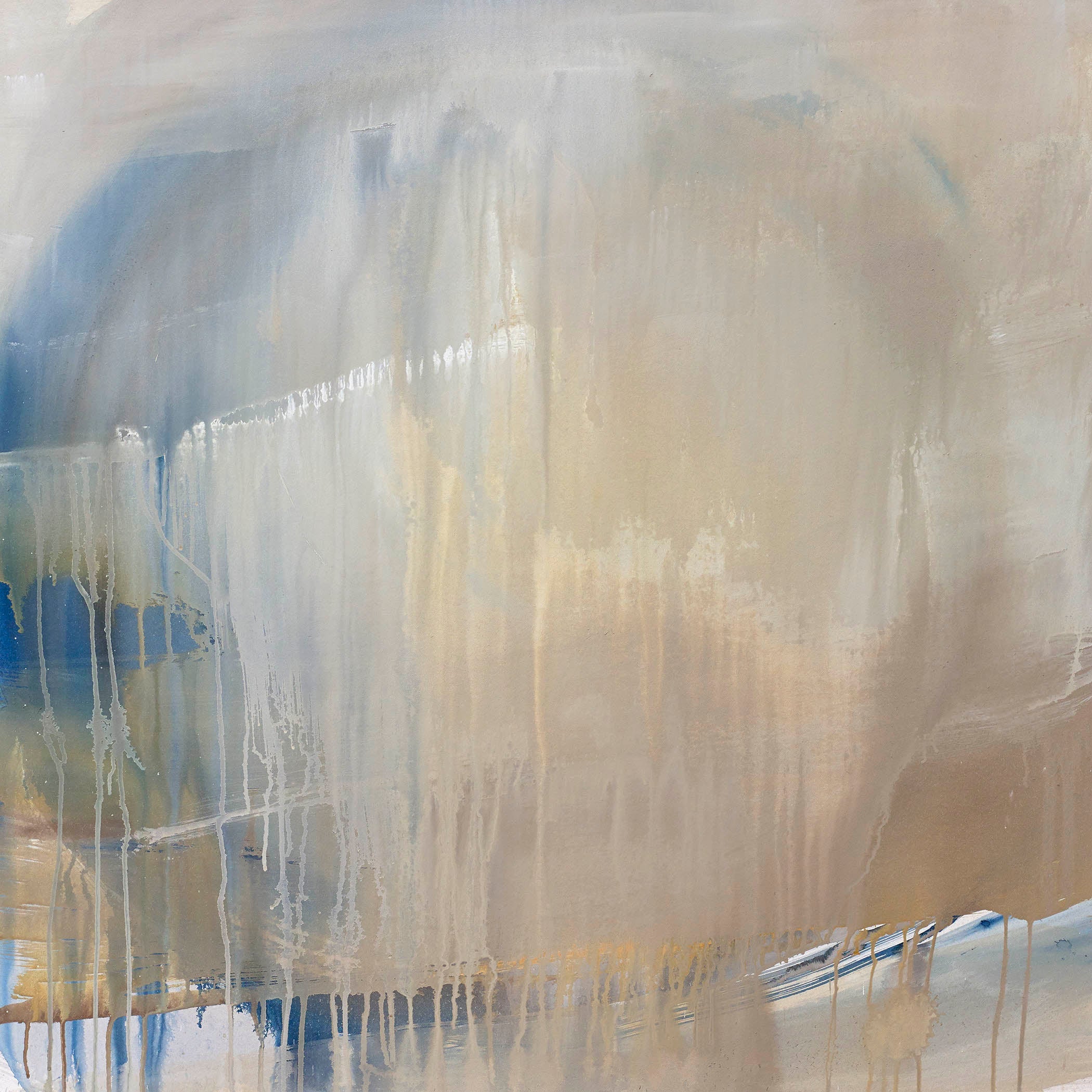 Luminous abstract watercolor with soft grays and muted golds melting downward in translucent drips, creating a quiet, atmospheric, memory-like mood.