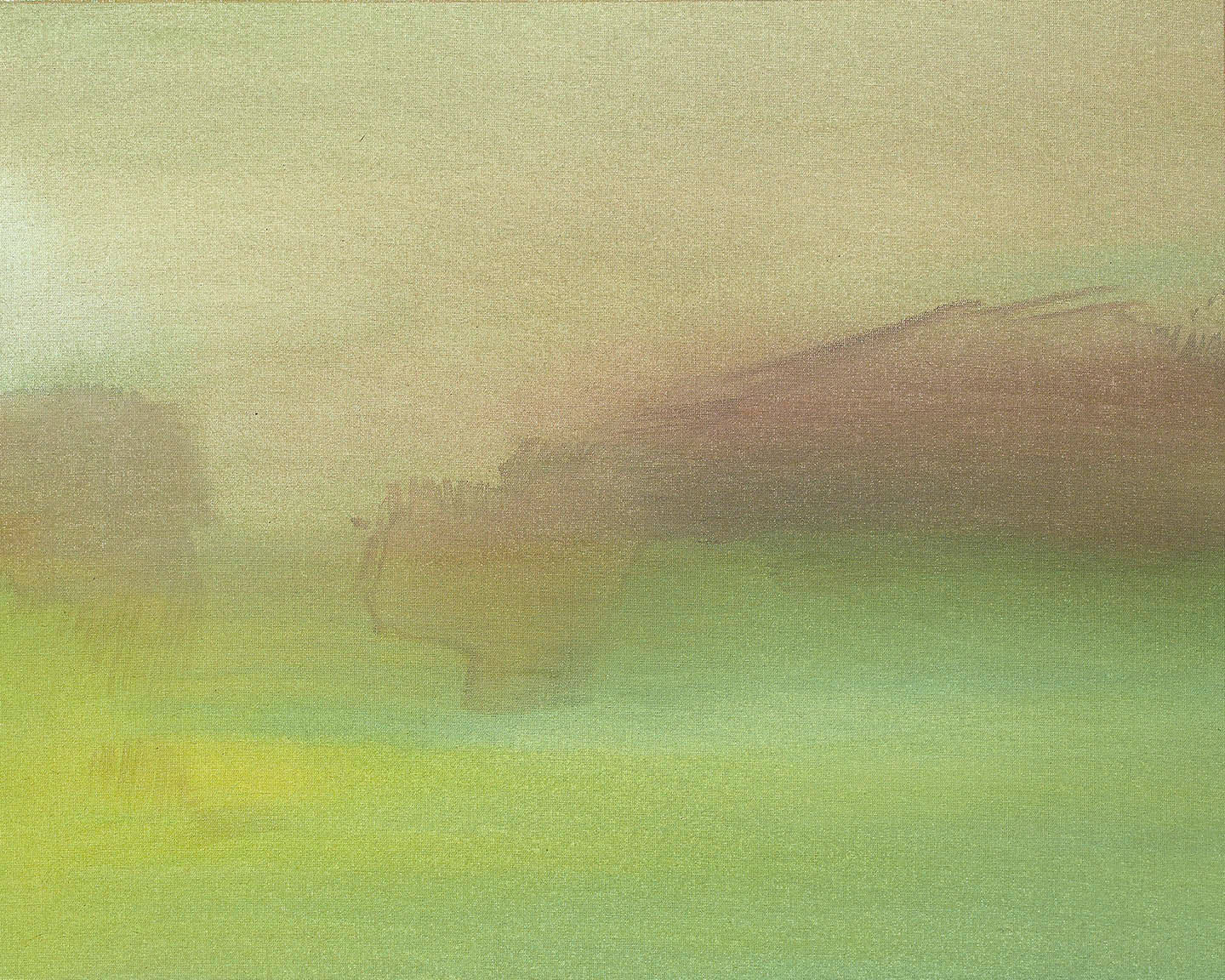 Minimalist countryside painting with soft green and sienna washes in a hazy morning light.