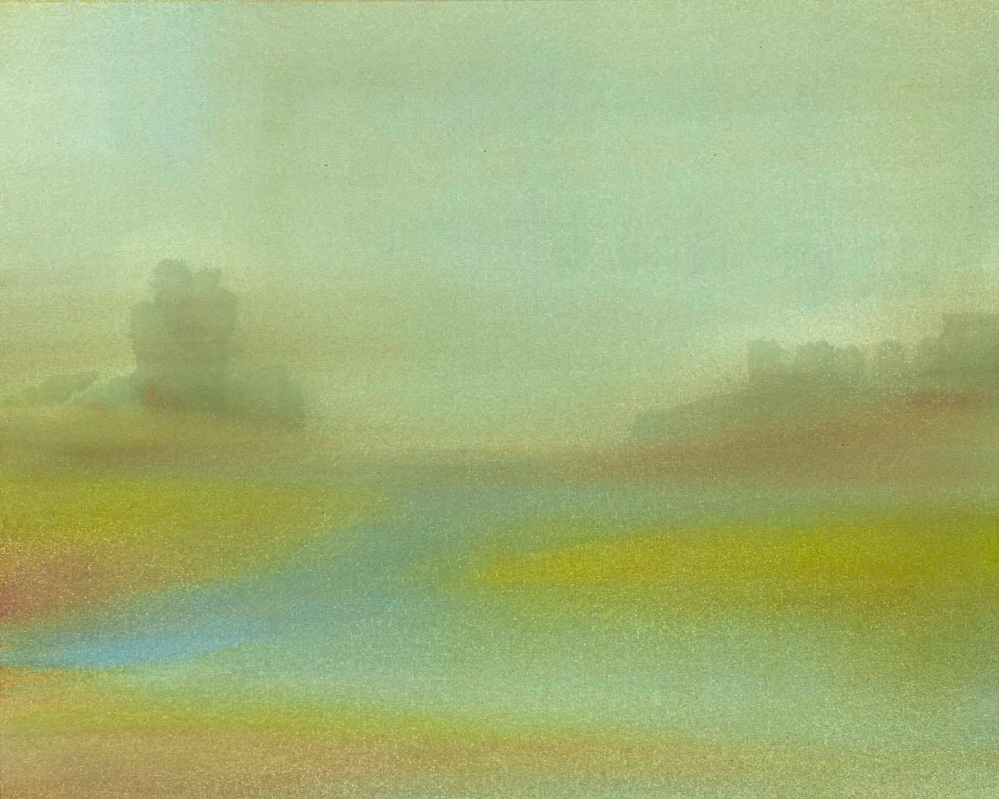 Abstract countryside landscape with a blue river winding through golden-green haze.
