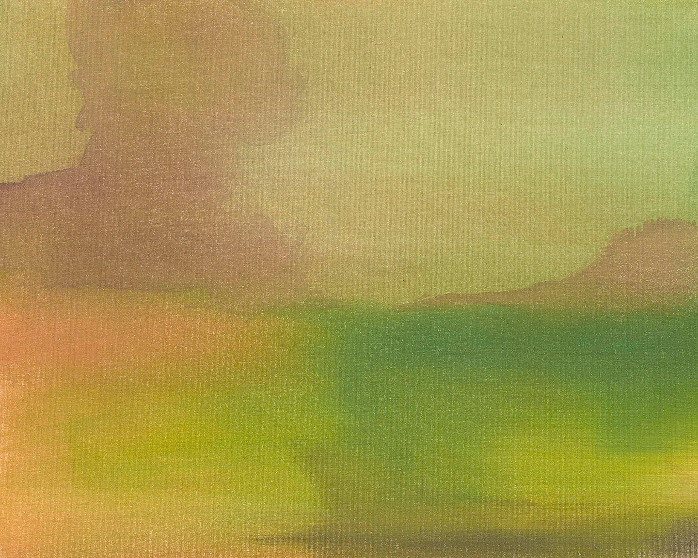 Golden hour abstract landscape with glowing ochre, green, and rust tones blending softly.