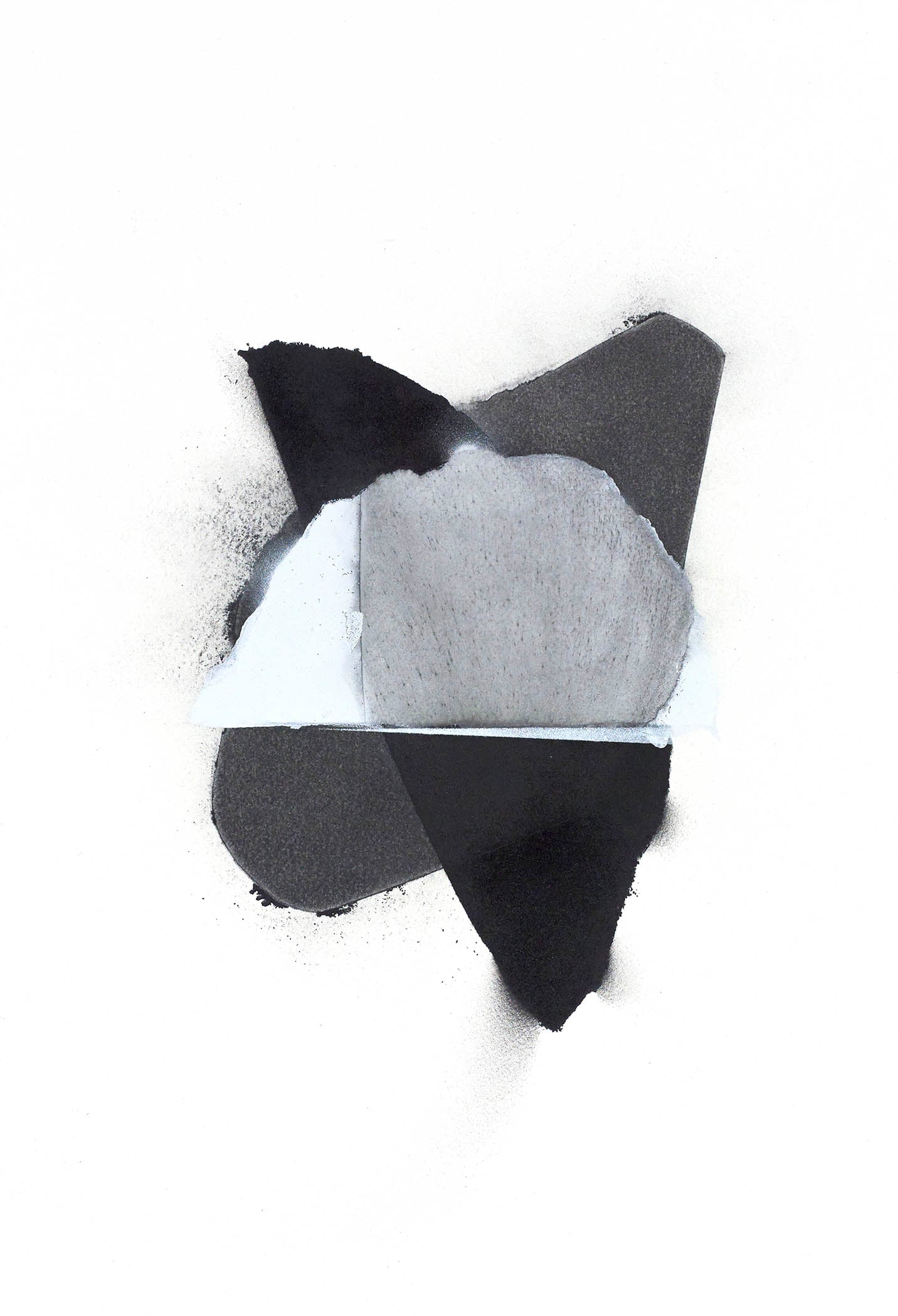 Minimalist angular abstract in black, gray, and white with overlapping shapes creating soft tension and quiet structural balance.