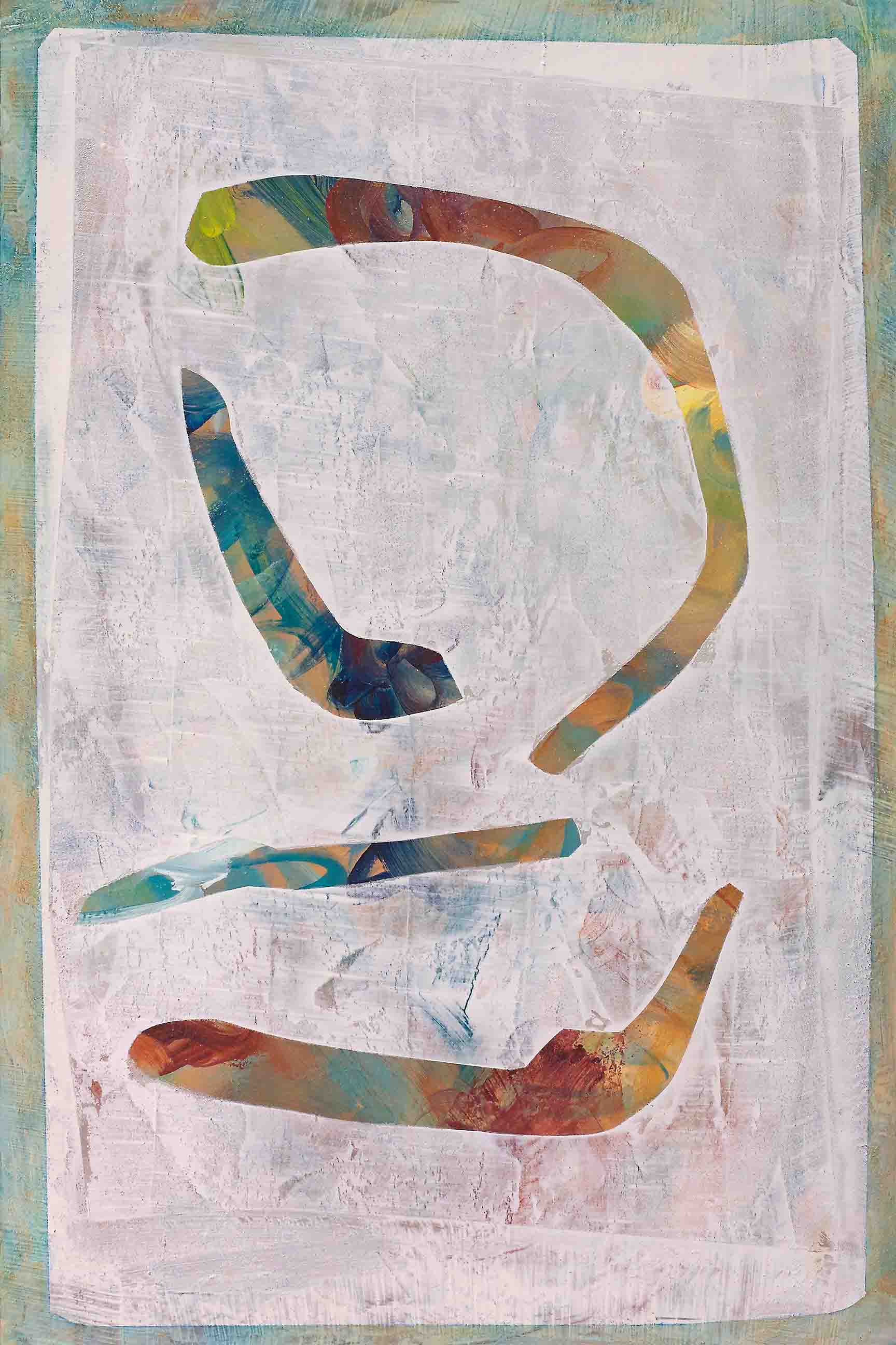 Abstract rune painting with gestural shapes in teal, ochre, burnt sienna, and plum on a misty white field, evoking cryptic elegance.