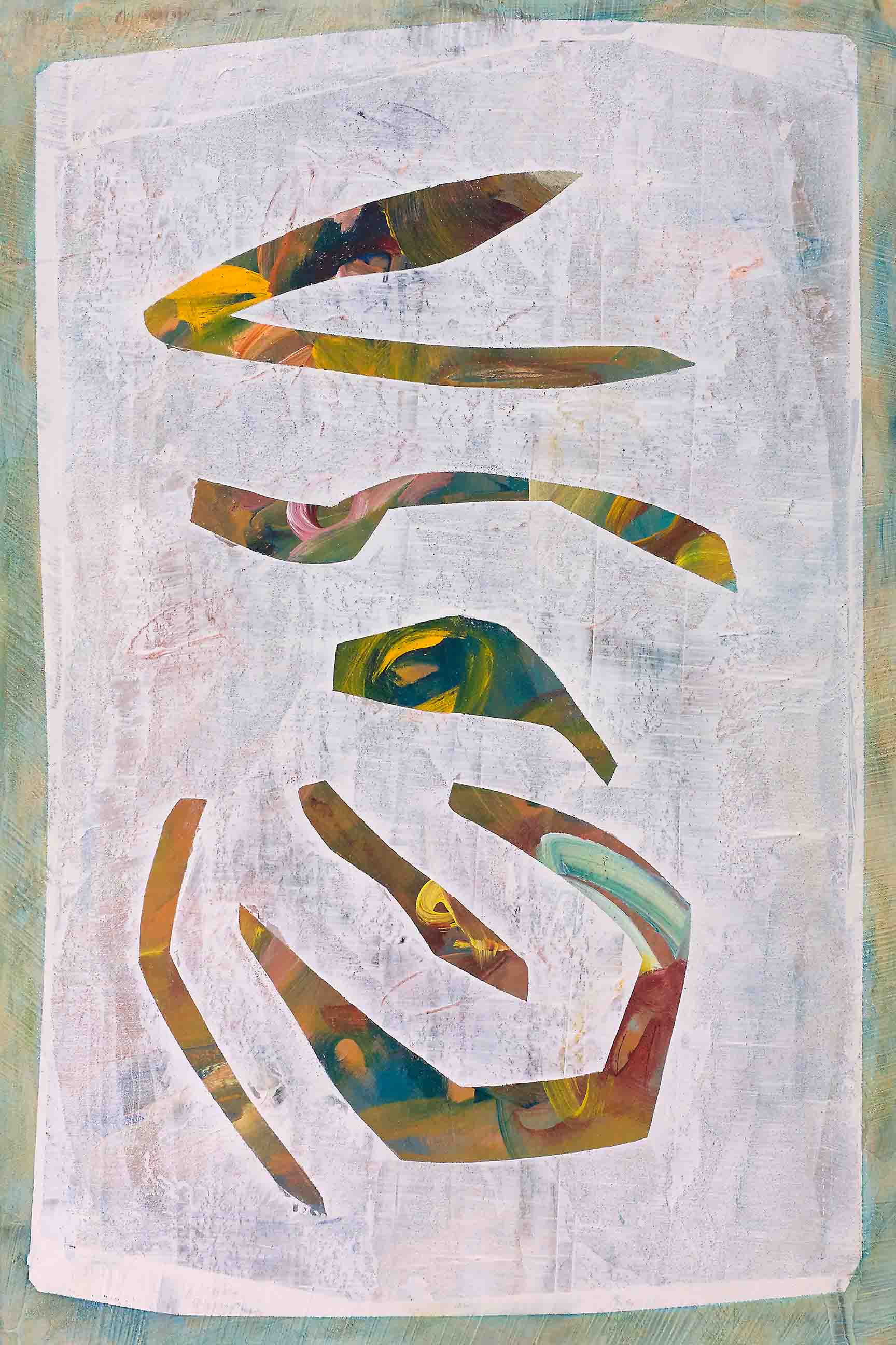 Abstract glyph painting with bold strokes of gold, teal, crimson, and moss on hazy white, evoking futuristic script and cryptic energy.