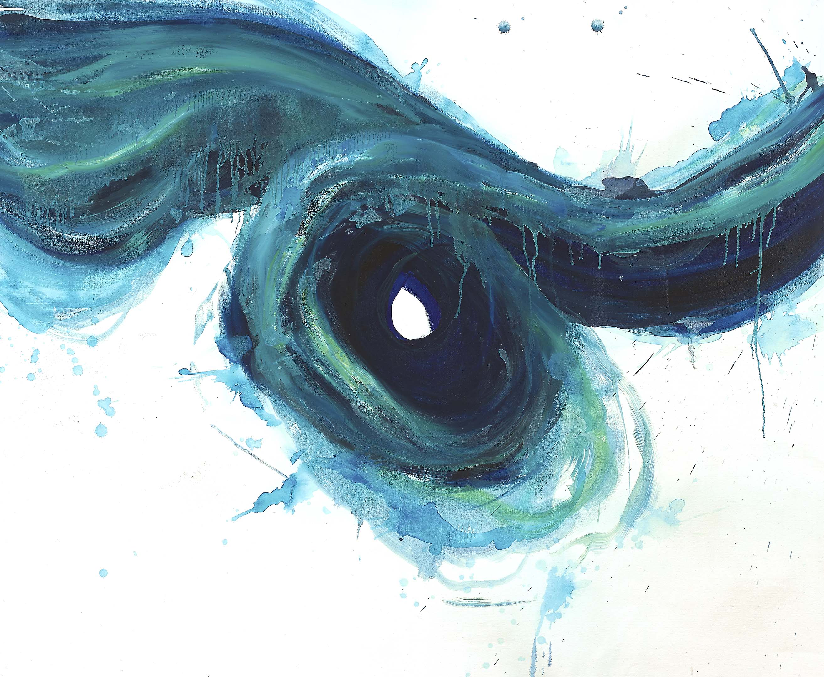 Tidal abstract painting with swirling ribbon of deep blue and sea green on white, evoking ocean force, chaos, and fluid motion.